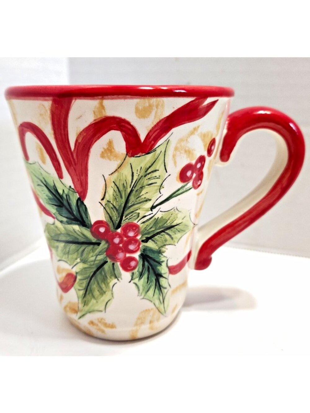 Maxcera Mistletoe Holly Berry Christmas Mug – Red Rim Ceramic Coffee Cup – 4.5”